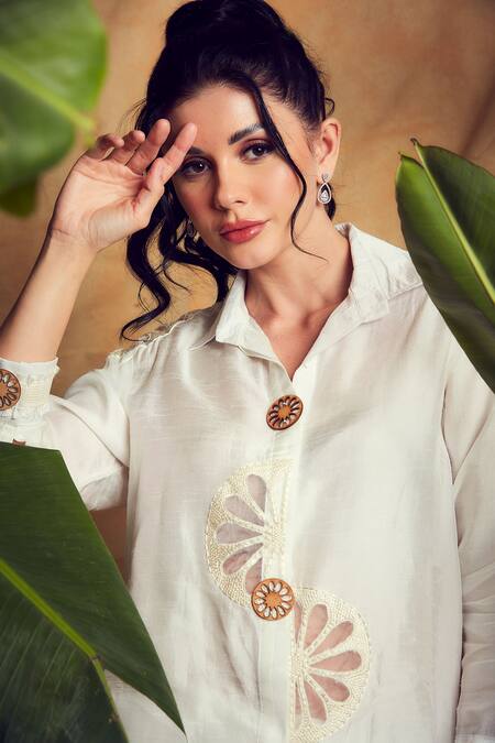 Buy Shagun Nagi The Label Off White Silk Lace, Embroidery, Cut Work Collared Flower Shirt And Pant Set Online at Aza Fashions Buy_Shagun Nagi The Label_Off White Silk Lace, Embroidery, Cut Work Collared Flower Shirt And Pant Set _Online_at_Aza_Fashions