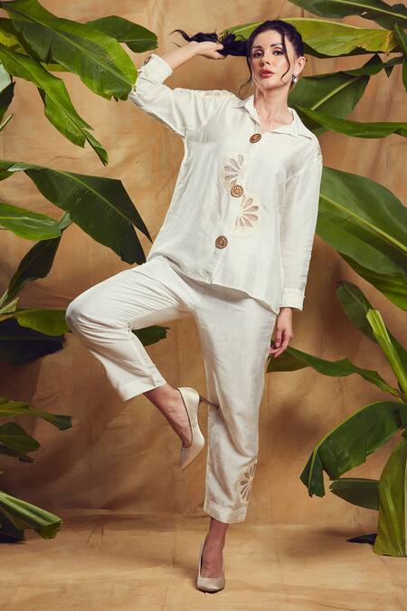 Shop Shagun Nagi The Label Off White Silk Lace, Embroidery, Cut Work Collared Flower Shirt And Pant Set Online at Aza Fashions Shop_Shagun Nagi The Label_Off White Silk Lace, Embroidery, Cut Work Collared Flower Shirt And Pant Set _Online_at_Aza_Fashions