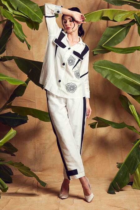 Shop Shagun Nagi The Label White Silk, Cotton Embroidery, Patchwork Geometric Rose Shirt And Pant Set at Aza Fashions Shop_Shagun Nagi The Label_White Silk, Cotton Embroidery, Patchwork Geometric Rose Shirt And Pant Set _at_Aza_Fashions
