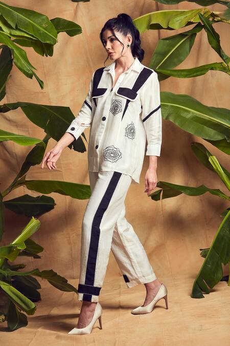 Shagun Nagi The Label White Silk, Cotton Embroidery, Patchwork Geometric Rose Shirt And Pant Set Online at Aza Fashions Shagun Nagi The Label_White Silk, Cotton Embroidery, Patchwork Geometric Rose Shirt And Pant Set _Online_at_Aza_Fashions