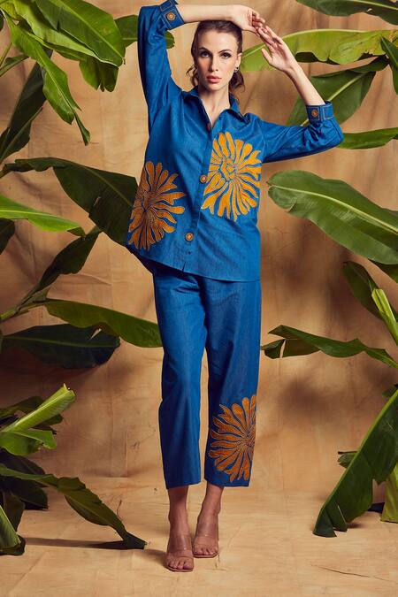 Shagun Nagi The Label Blue Denim, Cotton Embroidery, Applique Collared Flower Cording Shirt And Pant Set Online at Aza Fashions Shagun Nagi The Label_Blue Denim, Cotton Embroidery, Applique Collared Flower Cording Shirt And Pant Set _Online_at_Aza_Fashions