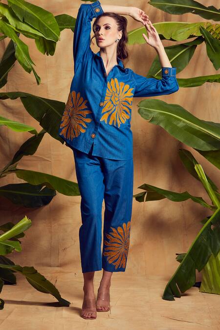 Buy Shagun Nagi The Label Blue Denim, Cotton Embroidery, Applique Collared Flower Cording Shirt And Pant Set Online at Aza Fashions Buy_Shagun Nagi The Label_Blue Denim, Cotton Embroidery, Applique Collared Flower Cording Shirt And Pant Set _Online_at_Aza_Fashions
