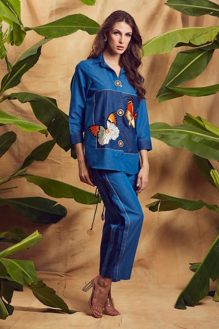 Shagun Nagi The Label Butterfly Embroidered Denim Shirt & Pant Set 