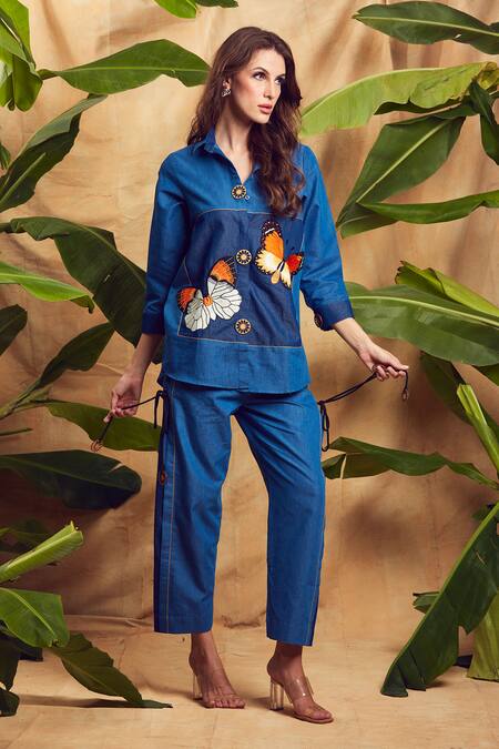 Buy_Shagun Nagi The Label_Blue Denim Embroidery Collared Butterfly Shirt And Pant Set _Online_at_Aza_Fashions