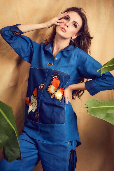 Shagun Nagi The Label_Blue Denim Embroidery Collared Butterfly Shirt And Pant Set _at_Aza_Fashions
