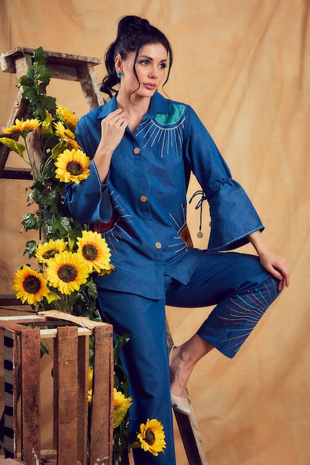 Shagun Nagi The Label Sun Motif Embroidered Denim Shirt & Pant Set 