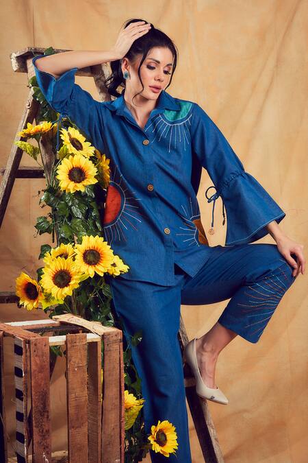 Buy_Shagun Nagi The Label_Blue Denim, Cotton Embroidery, Applique Collared Sun Motif Shirt And Pant Set _Online_at_Aza_Fashions