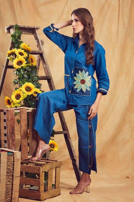Shagun Nagi The Label Lace Embroidered Denim Shirt & Pant Set 