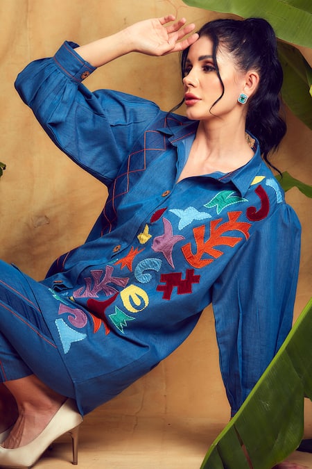 Shagun Nagi The Label_Blue Denim, Cotton Embroidery, Cut Work Abstract Applique Shirt And Pant Set _Online_at_Aza_Fashions