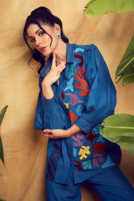 Buy_Shagun Nagi The Label_Blue Denim, Cotton Embroidery, Cut Work Abstract Applique Shirt And Pant Set _Online_at_Aza_Fashions