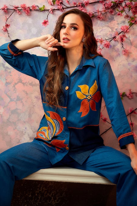 Shagun Nagi The Label_Blue Denim Lace, Embroidery, Applique Collared Tulip Shirt And Pant Set _Online_at_Aza_Fashions