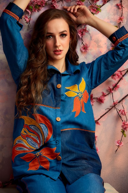 Buy_Shagun Nagi The Label_Blue Denim Lace, Embroidery, Applique Collared Tulip Shirt And Pant Set _Online_at_Aza_Fashions