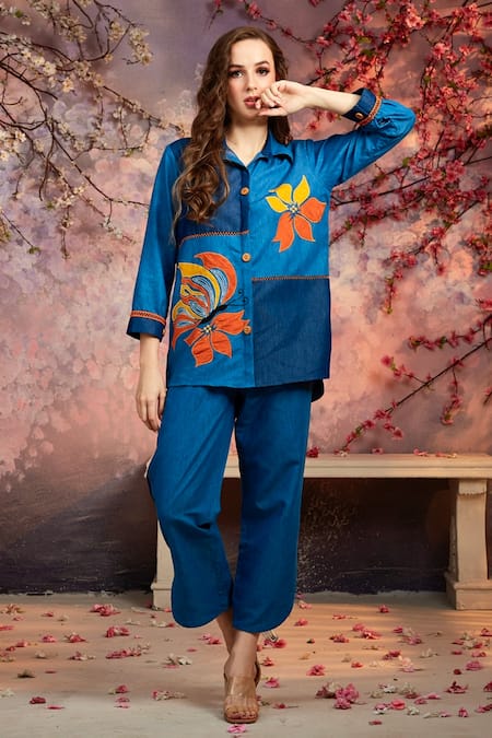 Shagun Nagi The Label Tulip Applique Denim Shirt & Pant Set 