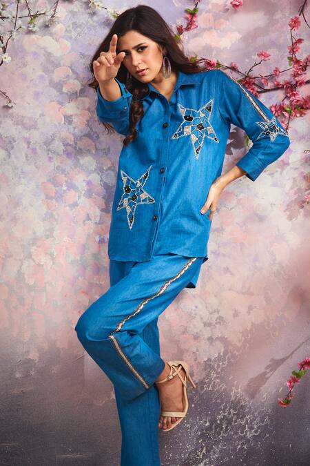 Shop_Shagun Nagi The Label_Blue Denim, Cotton Cut Work, Stones Star Hand Embroidered Shirt And Pant Set _Online_at_Aza_Fashions