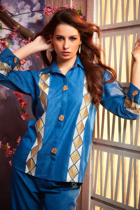Buy_Shagun Nagi The Label_Blue Denim Embroidery Collared Thread Shirt And Pant Set _Online_at_Aza_Fashions