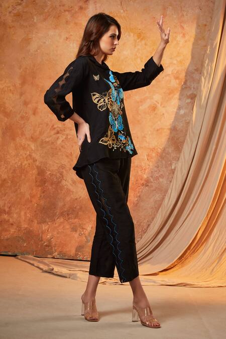 Shagun Nagi The Label_Black Silk Embroidery Collared Butterfly Shirt And Pant Set _Online_at_Aza_Fashions
