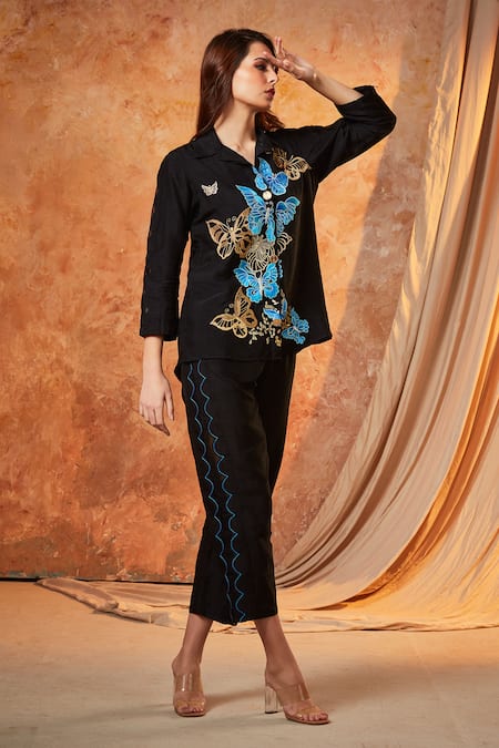 Shagun Nagi The Label Black Butterfly Embroidered Shirt & Pant Set 