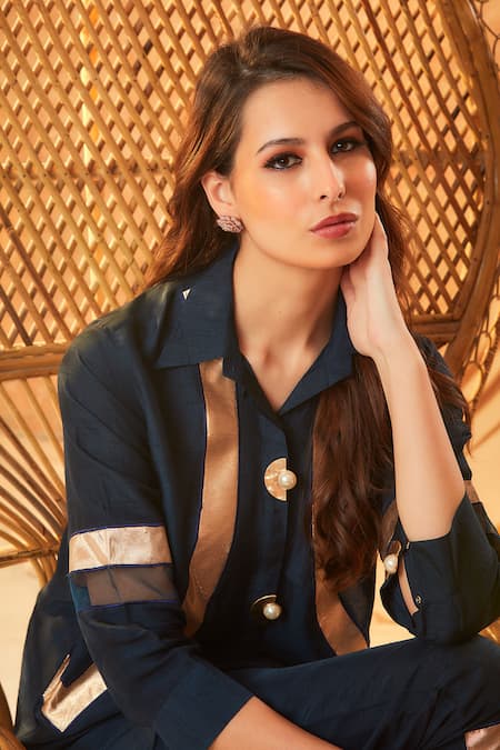 Shagun Nagi The Label_Blue Organza, Silk Embroidery, Cut Work, Teal Cutwork Shirt And Pant Set _Online_at_Aza_Fashions