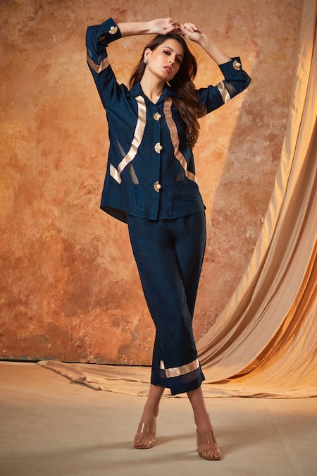 Shagun Nagi The Label Teal Blue Cutwork Applique Shirt & Pant Set 