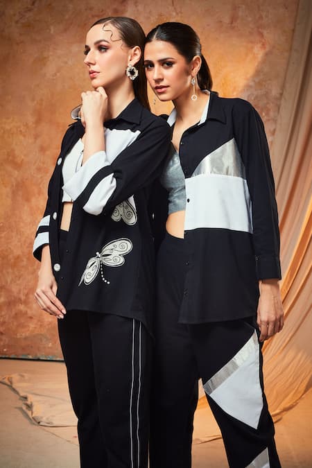 Shagun Nagi The Label_Black Denim, Cotton Embroidery, Patchwork, Applique Dragonfly Shirt And Pant Set _Online_at_Aza_Fashions