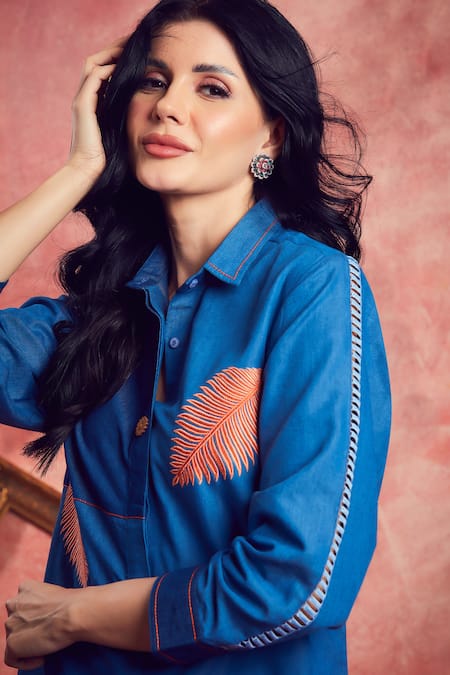 Shagun Nagi The Label Leaf Embroidered Denim Shirt & Pant Set 