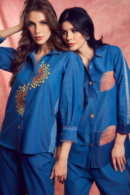 Shagun Nagi The Label_Blue Denim Embroidery Collared Leaf Shirt And Pant Set _Online_at_Aza_Fashions