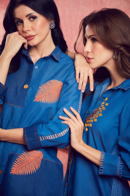 Shop_Shagun Nagi The Label_Blue Denim Embroidery Collared Leaf Shirt And Pant Set _Online_at_Aza_Fashions