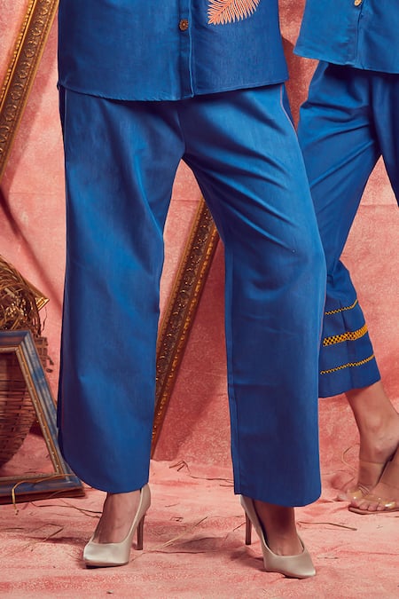 Buy_Shagun Nagi The Label_Blue Denim Embroidery Collared Leaf Shirt And Pant Set 