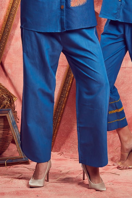 Shop_Shagun Nagi The Label_Blue Denim Embroidery Collared Leaf Shirt And Pant Set 