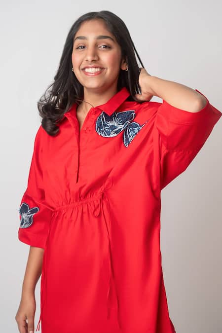 MI Dulce AN'YA_Red Cotton Sequins, Embroidery Abstract Flower Dress _Online_at_Aza_Fashions