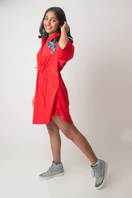 Buy_MI Dulce AN'YA_Red Cotton Sequins, Embroidery Abstract Flower Dress _Online_at_Aza_Fashions