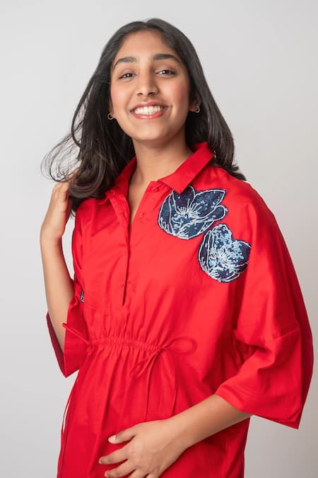 Shop_MI Dulce AN'YA_Red Cotton Sequins, Embroidery Abstract Flower Dress _Online_at_Aza_Fashions