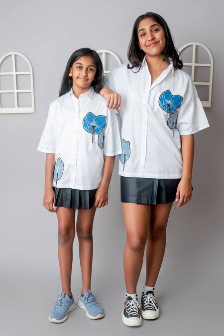 MI Dulce AN'YA_White Cotton Embroidery, Beads Abstract Flower Patchwork Shirt _Online_at_Aza_Fashions