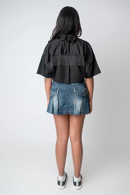 MI Dulce AN'YA Black Beaded Fringe Crop Shirt 