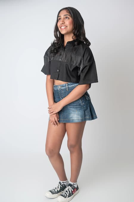 MI Dulce AN'YA_Black Cotton Beads Fringe Crop Shirt _Online_at_Aza_Fashions