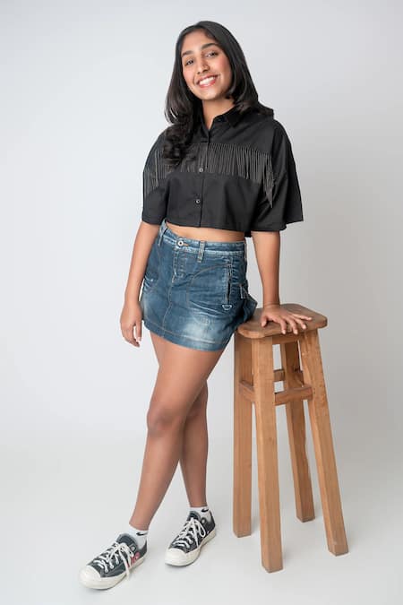 Buy_MI Dulce AN'YA_Black Cotton Beads Fringe Crop Shirt _Online_at_Aza_Fashions