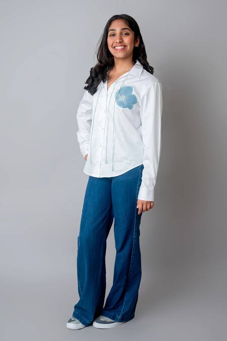 MI Dulce AN'YA_White Cotton Sequins, Pearls Flower Patchwork Oversized Shirt _Online_at_Aza_Fashions