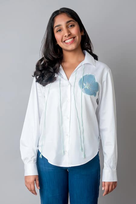 Buy_MI Dulce AN'YA_White Cotton Sequins, Pearls Flower Patchwork Oversized Shirt _Online_at_Aza_Fashions