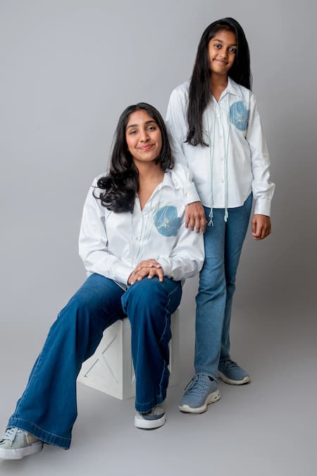 Shop_MI Dulce AN'YA_White Cotton Sequins, Pearls Flower Patchwork Oversized Shirt _Online_at_Aza_Fashions