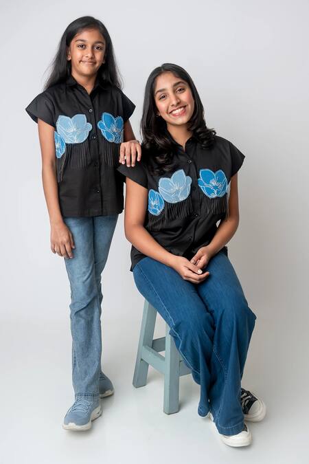 MI Dulce AN'YA Black Cotton Beads, Embroidery Fringe Flower Shirt Online at Aza Fashions MI Dulce AN'YA_Black Cotton Beads, Embroidery Fringe Flower Shirt _Online_at_Aza_Fashions