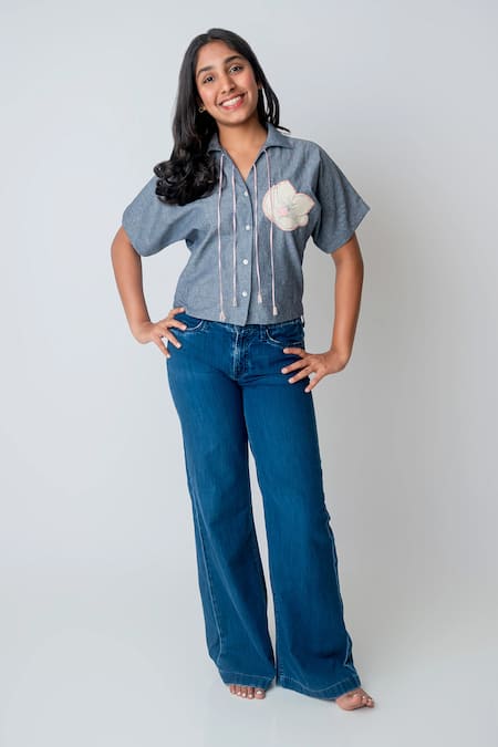 MI Dulce AN'YA_Gray Cotton Sequins, Embroidery Flower Patchwork Chambray Shirt _Online_at_Aza_Fashions