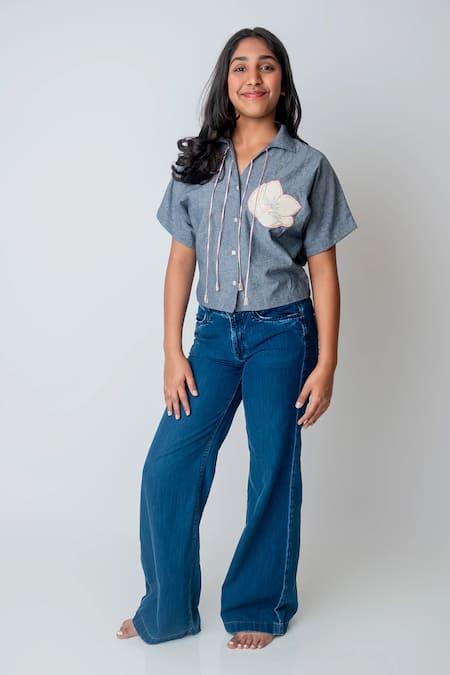 Mi Dulce An'ya Flower Patchwork Embroidered Chambray Shirt 