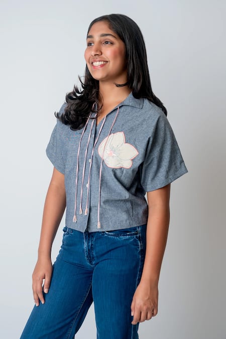 Buy_MI Dulce AN'YA_Gray Cotton Sequins, Embroidery Flower Patchwork Chambray Shirt _Online_at_Aza_Fashions