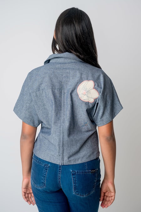 MI Dulce AN'YA Flower Patchwork Embroidered Chambray Shirt 