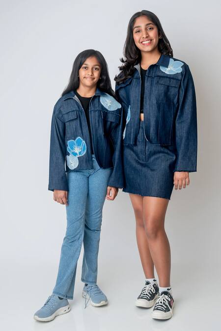 MI Dulce AN'YA_Blue Cotton Pearls, Sequins Abstract Flower Patchwork Denim Jacket _Online_at_Aza_Fashions