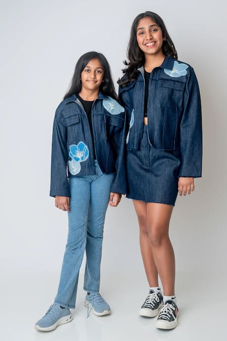 MI Dulce AN'YA_Blue Cotton Embroidery Fitted Denim Mini Skirt _Online_at_Aza_Fashions