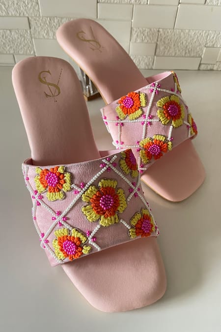House Of Dhwni Singhvi Pink Flower Embellished Strap Heels 