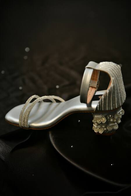 House Of Dhwni Singhvi_Silver Rhinestones, Fabric Flowers 3d Petal Embellished Heels _Online_at_Aza_Fashions