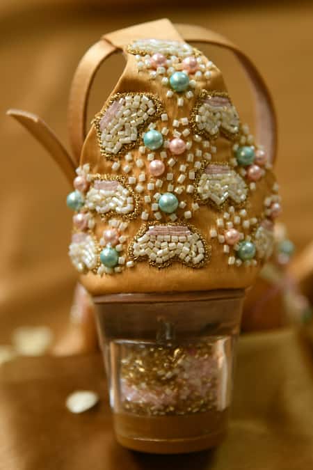 House Of Dhwni Singhvi_Gold Cut Work, Pearls, Sequins Cutdana Embellished Heel Mules _Online_at_Aza_Fashions