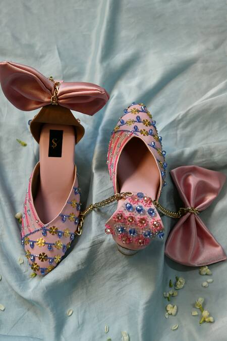 House Of Dhwni Singhvi_Pink Pearls, Beads, Cut Work Bow Embellished Heels _Online_at_Aza_Fashions